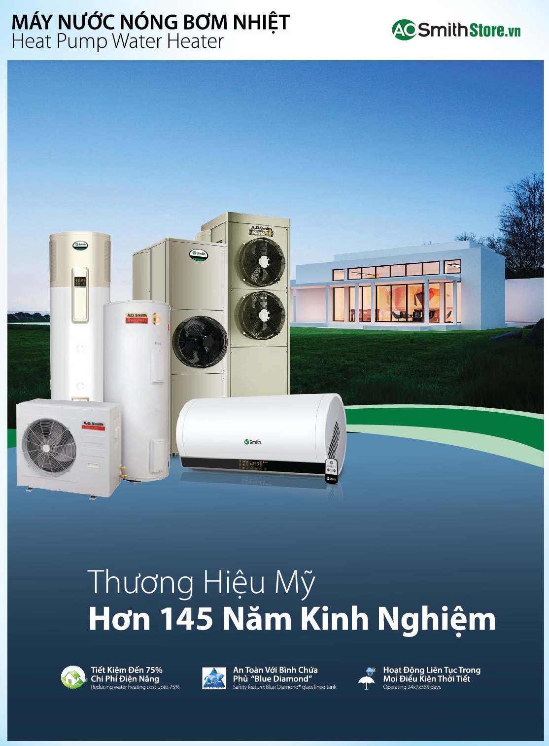 Máy nước nóng bơm nhiệt tích hợp Aosmith CAHP3.0-120-6S-E