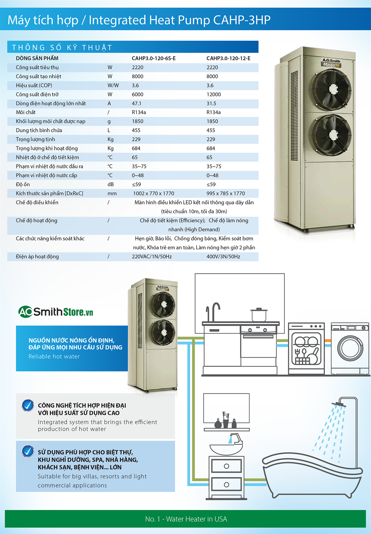 Máy nước nóng bơm nhiệt tích hợp Aosmith CAHP3.0-120-6S-E